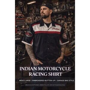 Indian Motorcycle Button Up Short Sleeve Embroidered Men's Shirt Size L